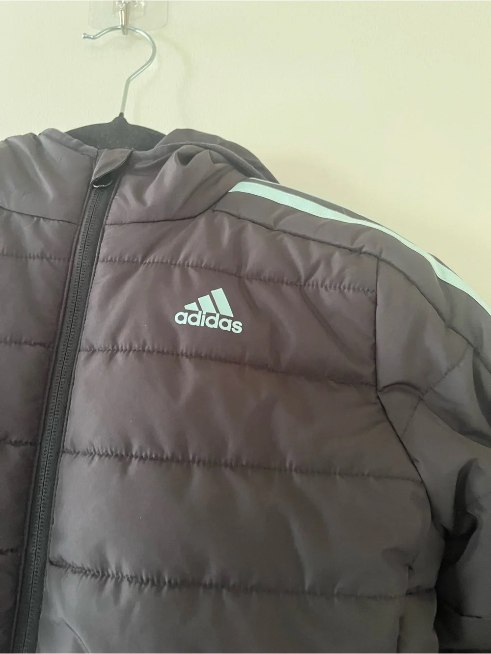 Adidas Boys Black Blue Hooded Puffer Jacket Small 3 Stripe Full Zip Winter Coat